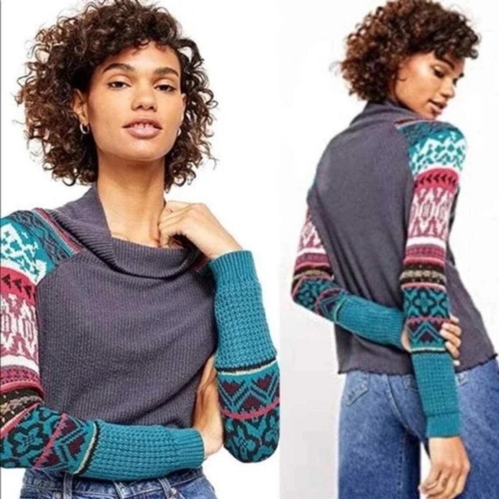 Free People Prism Swit Sweater Top Charcoal Combo fair isle thermal WOMENS SMALL